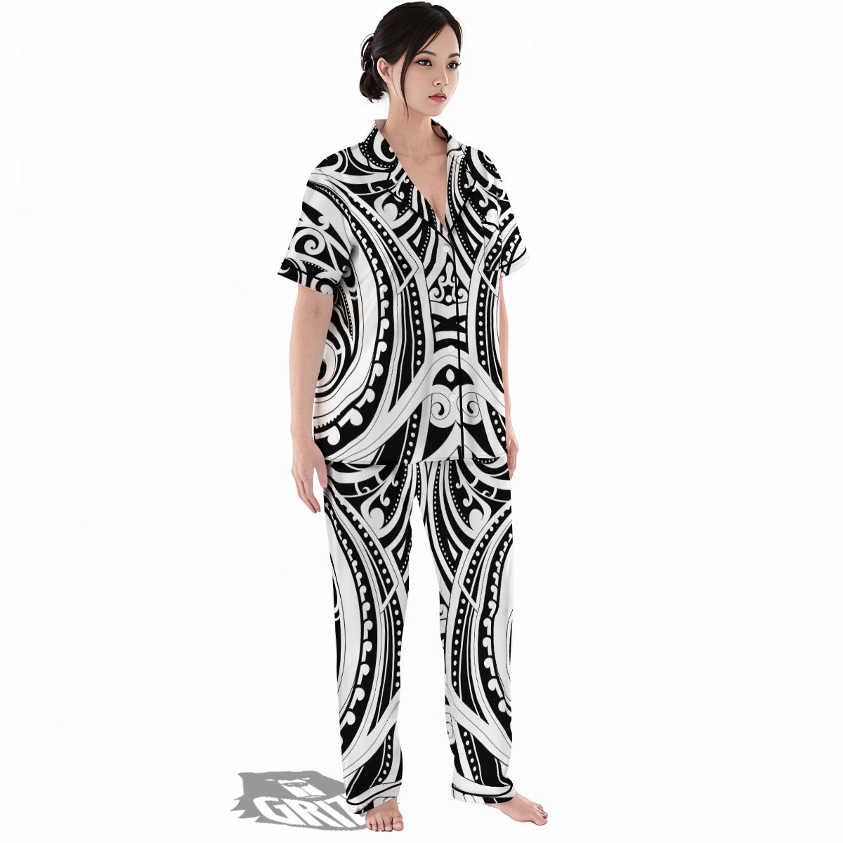 Maori Tattoo White And Black Print Women's Pajamas Set-grizzshop