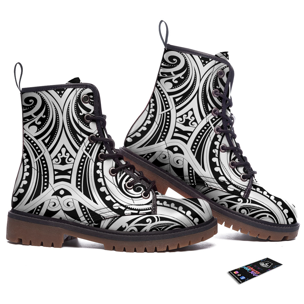 Maori Tattoo White And Black Print Work Boots-grizzshop