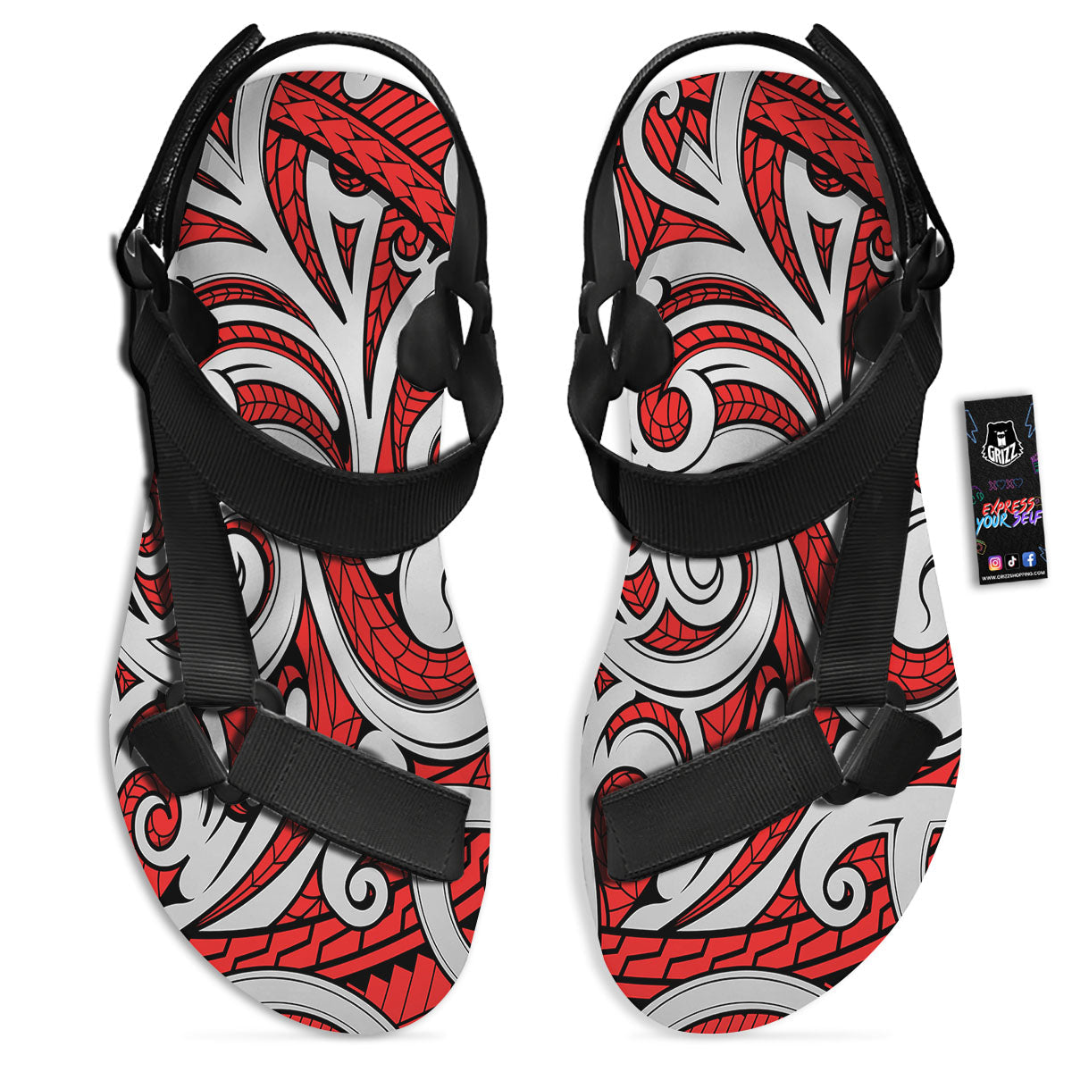 Maori Tribal Polynesian Kowhaiwhai Print Black Open Toe Sandals-grizzshop