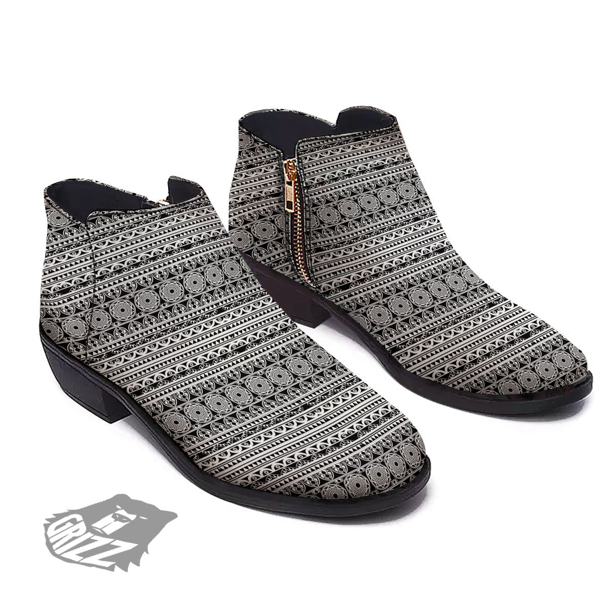 Maori Tribal White And Black Print Ankle Boots-grizzshop