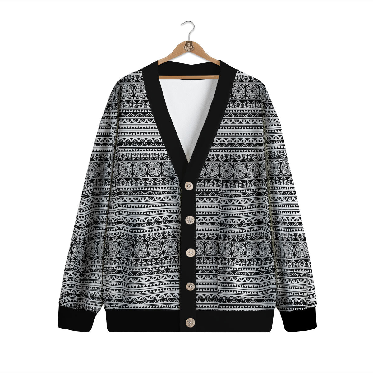 Maori Tribal White And Black Print Cardigan-grizzshop