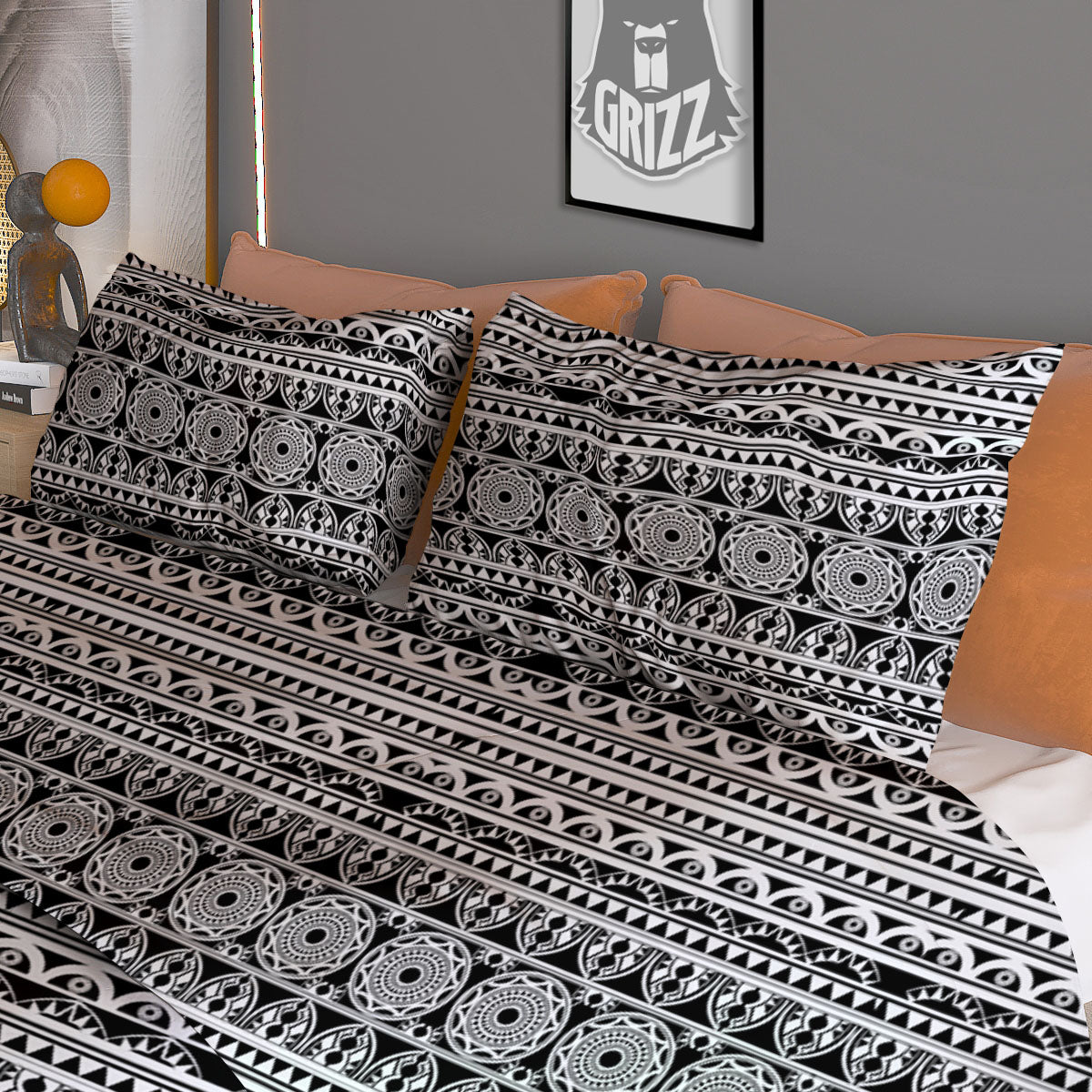 Maori Tribal White And Black Print Duvet Cover Bedding Set
