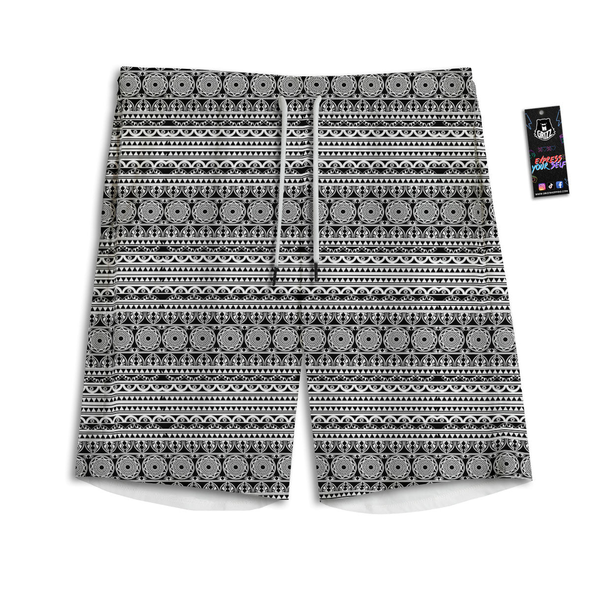 Maori Tribal White And Black Print Men's Athletic Shorts