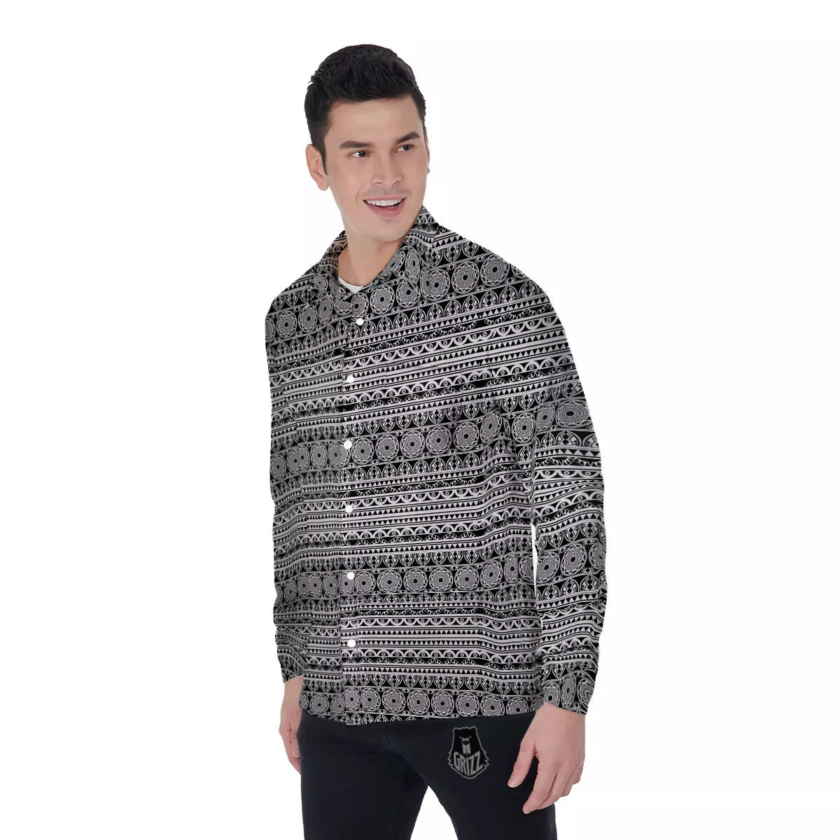 Maori Tribal White And Black Print Men's Long Sleeve Shirts-grizzshop