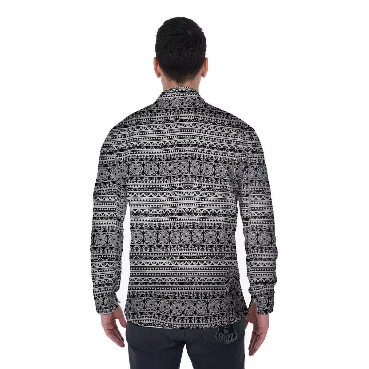Maori Tribal White And Black Print Men's Long Sleeve Shirts-grizzshop