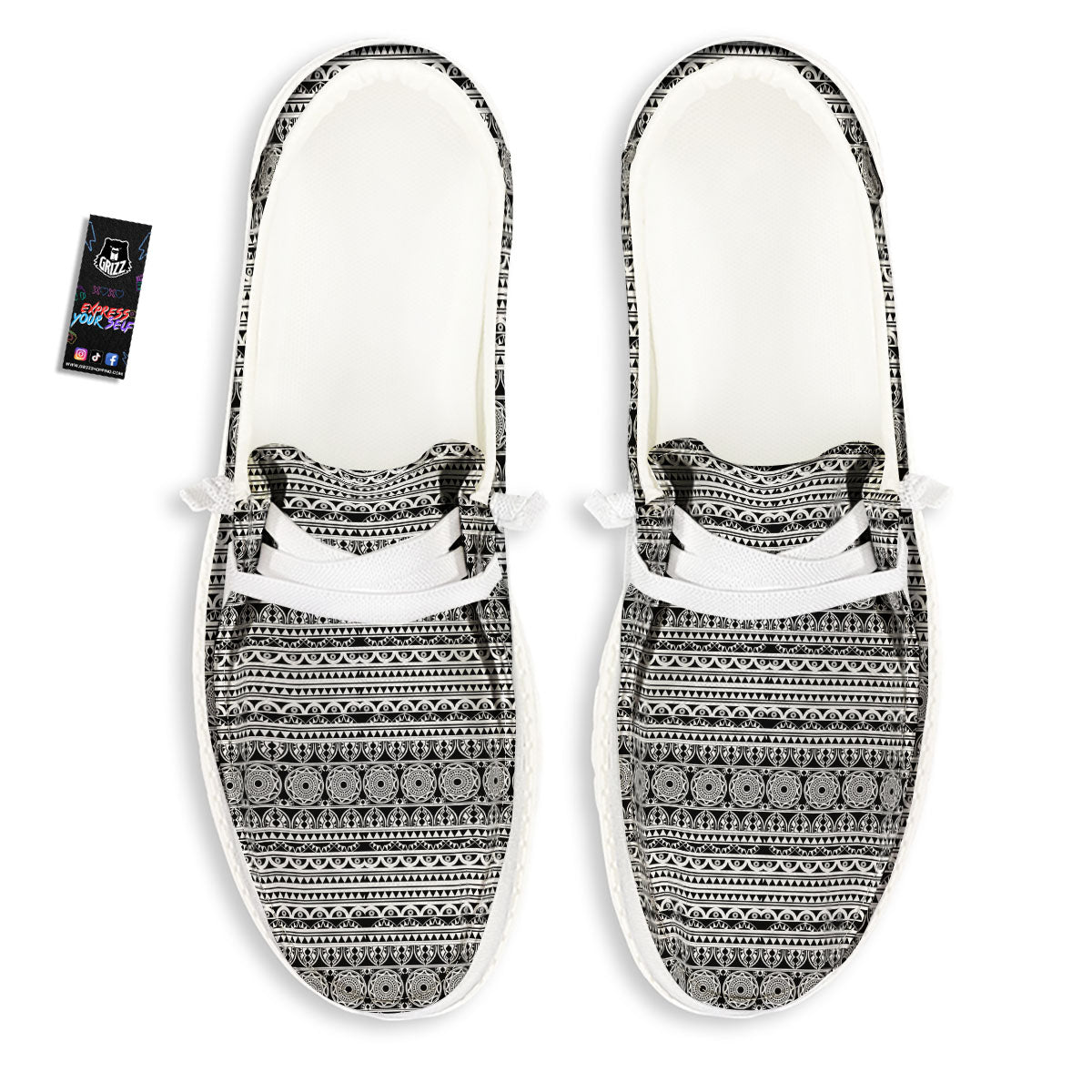 Maori Tribal White And Black Print White Loafers-grizzshop