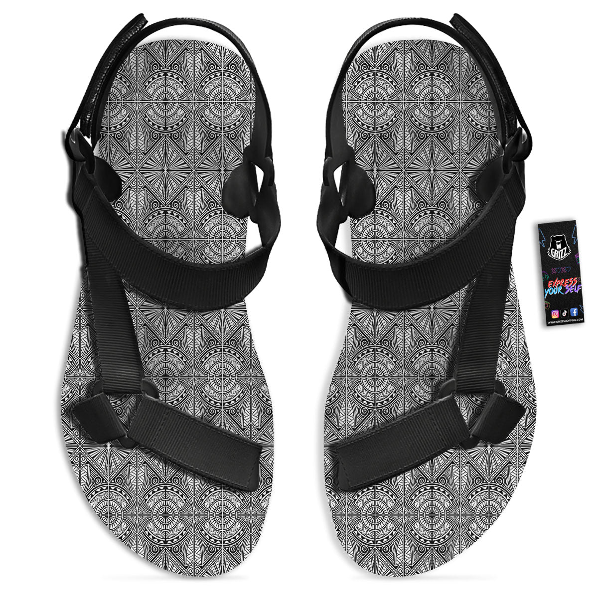 Maori White And Black Print Pattern Black Open Toe Sandals-grizzshop