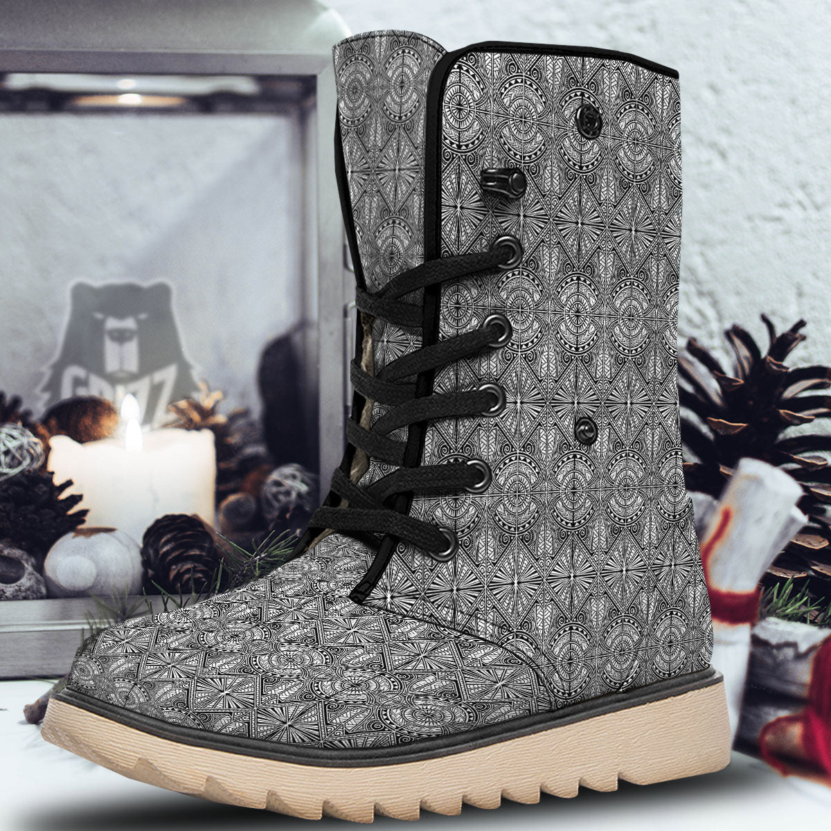 Maori White And Black Print Pattern Snow Boots-grizzshop
