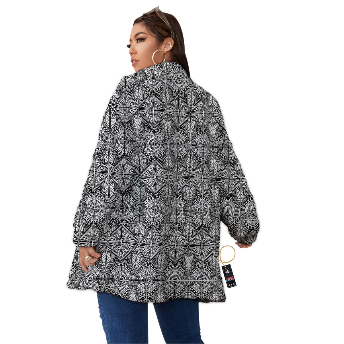 Maori White And Black Print Pattern Women's Sherpa Jacket-grizzshop