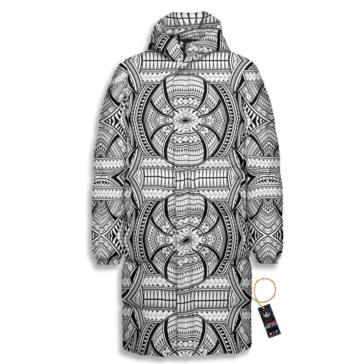 Maori Polynesian White And Black Print Long Down Jacket