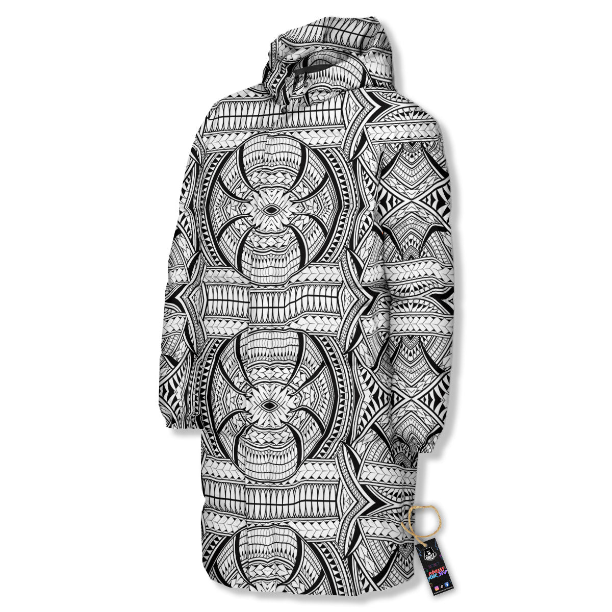 Maori Polynesian White And Black Print Long Down Jacket