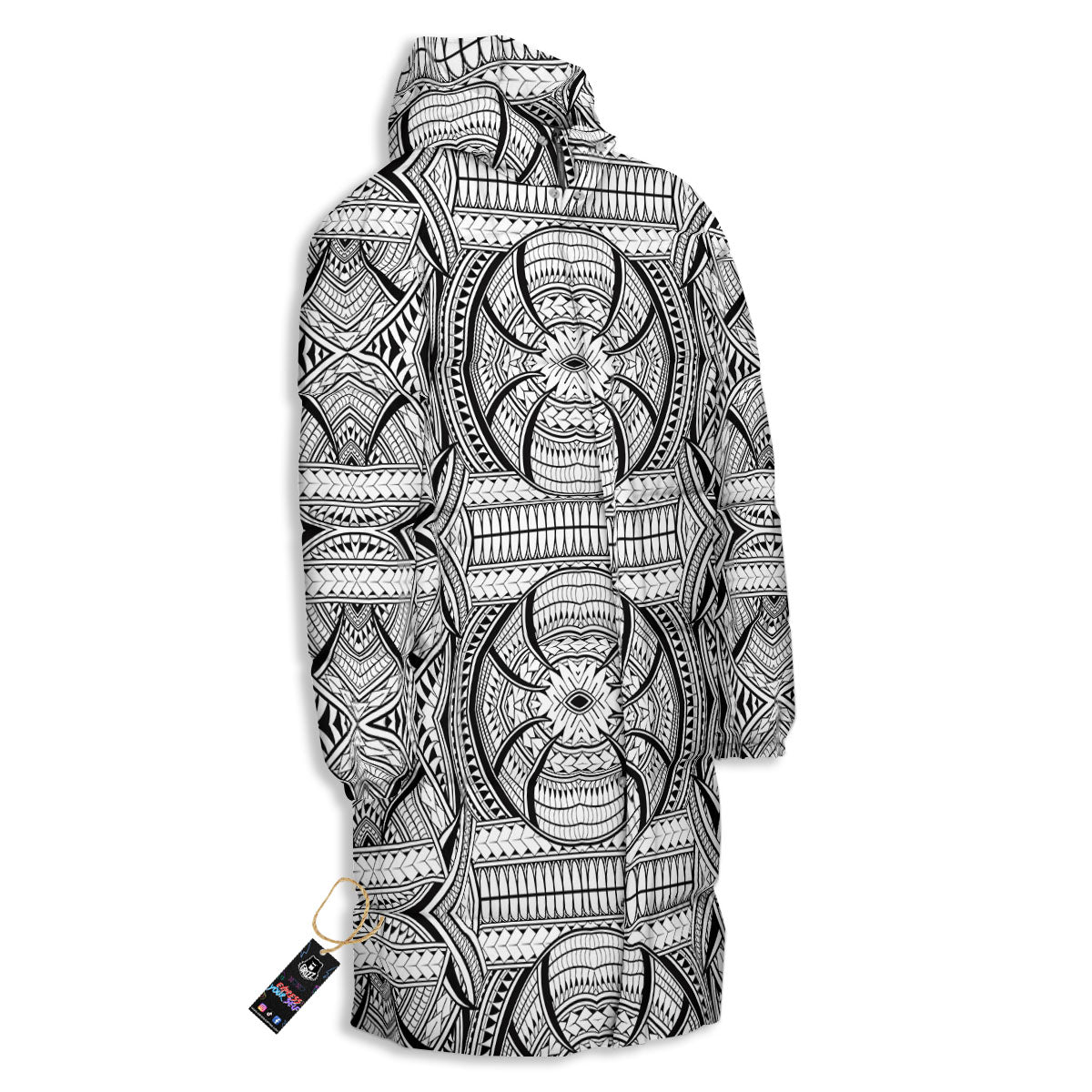 Maori Polynesian White And Black Print Long Down Jacket