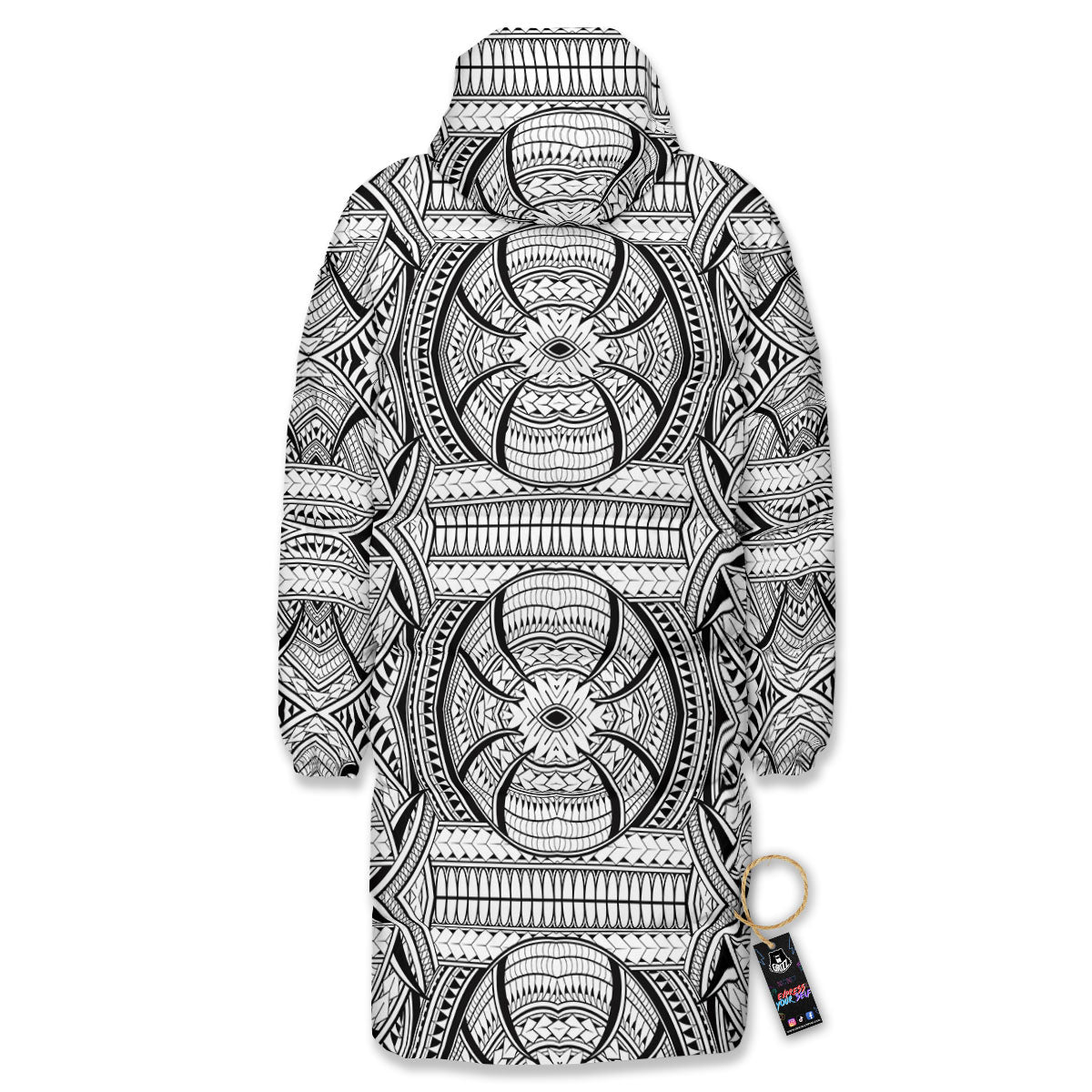 Maori Polynesian White And Black Print Long Down Jacket