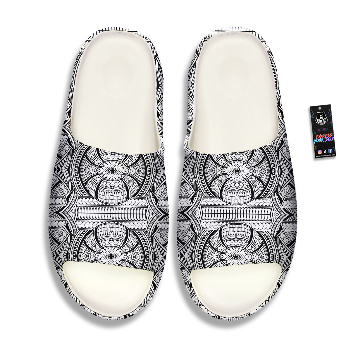 Maori Polynesian White And Black Print Sandals-grizzshop