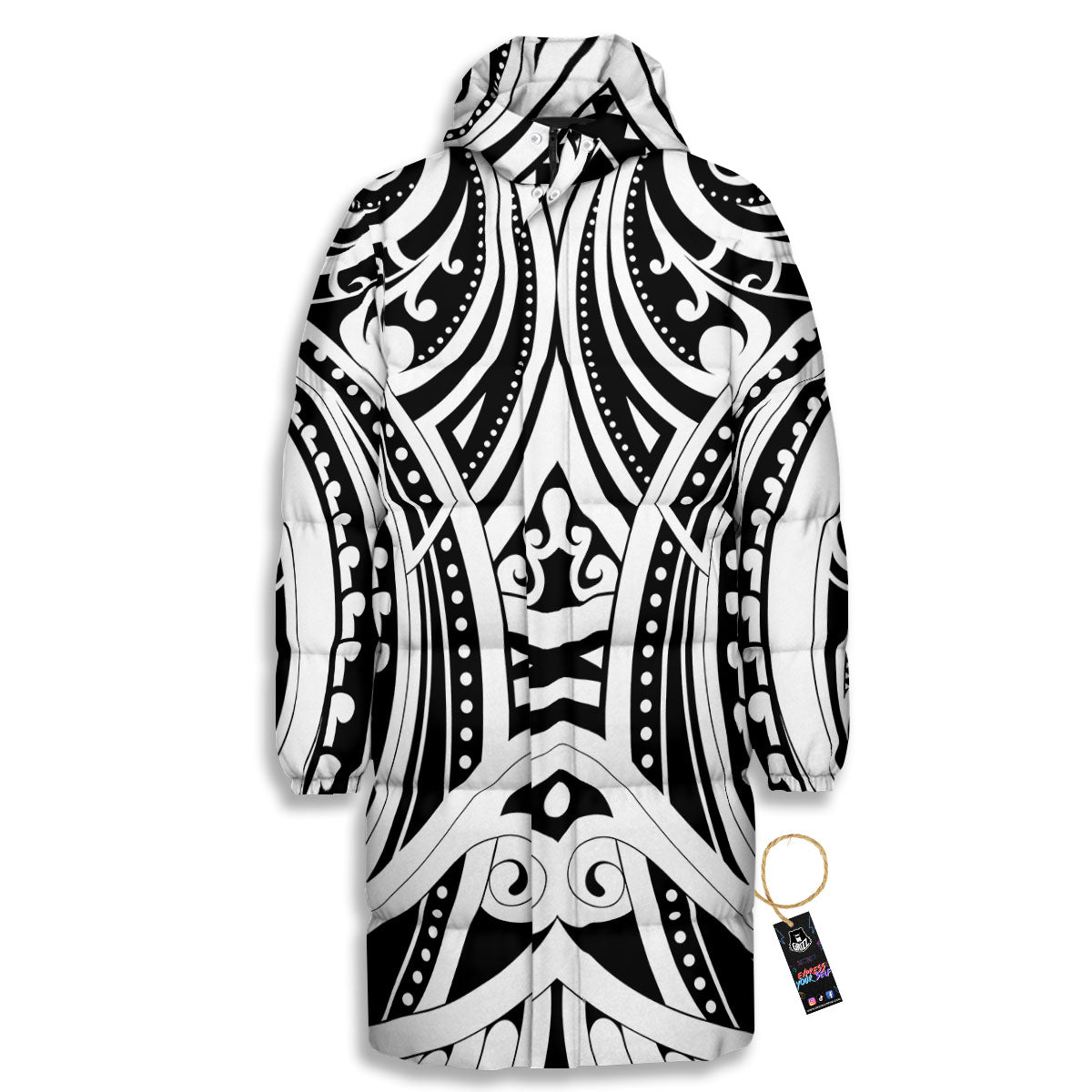 Maori Tattoo White And Black Print Long Down Jacket