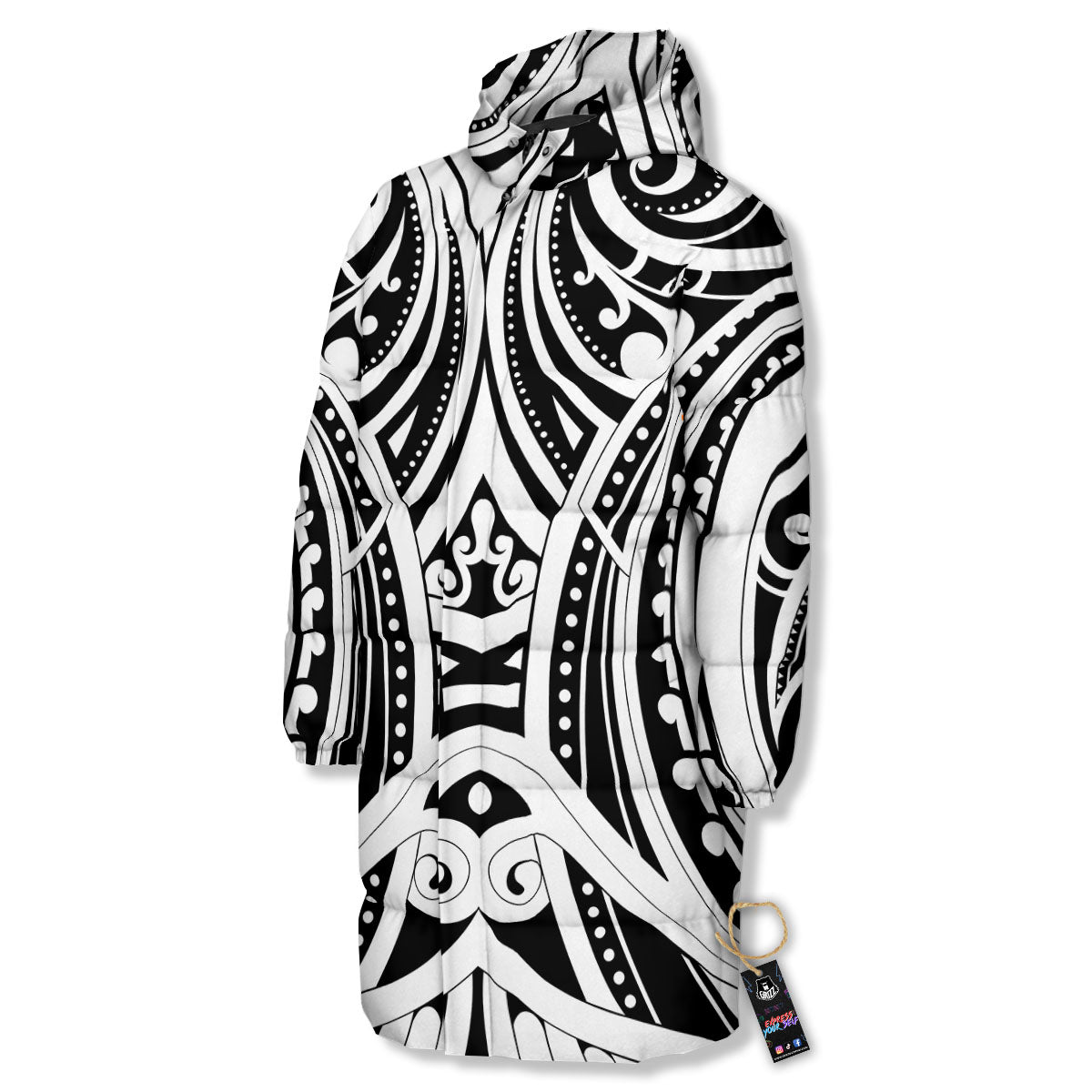 Maori Tattoo White And Black Print Long Down Jacket