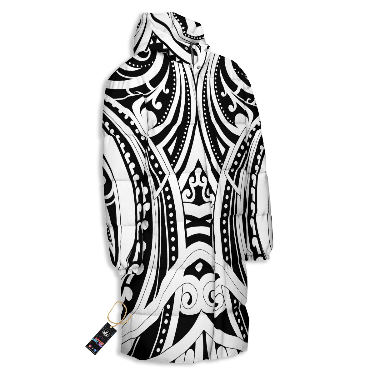 Maori Tattoo White And Black Print Long Down Jacket