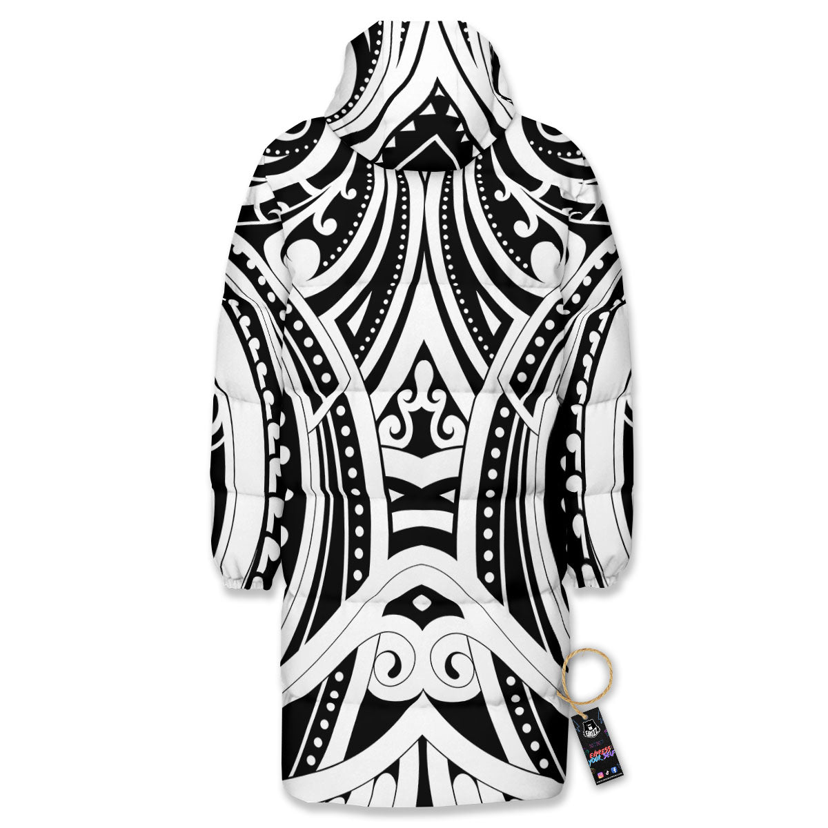 Maori Tattoo White And Black Print Long Down Jacket
