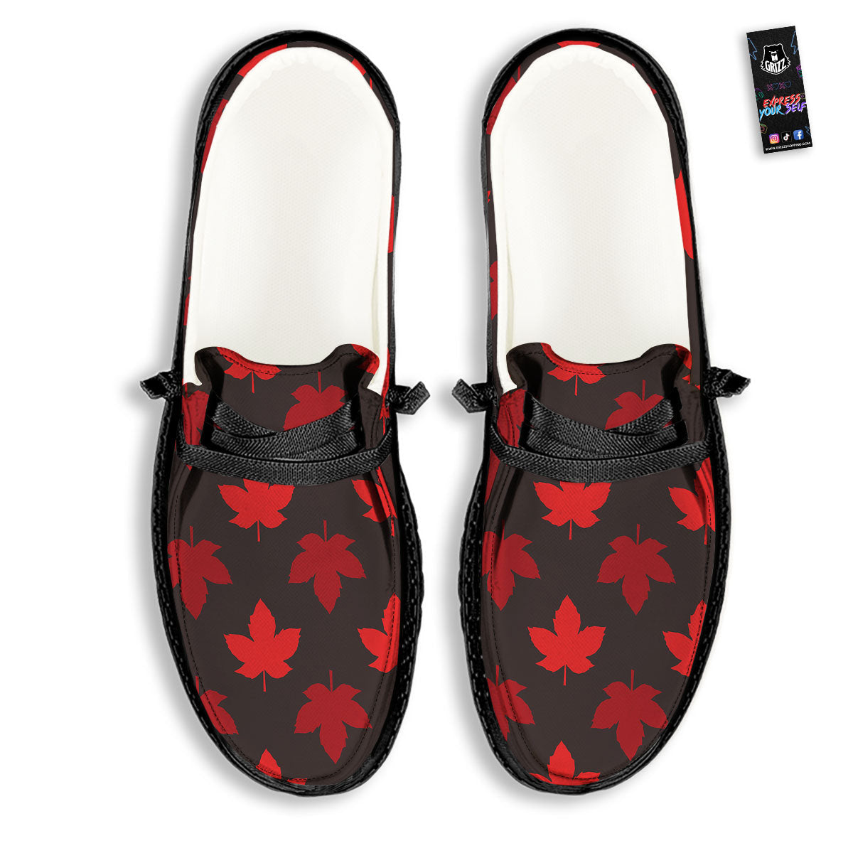 Maple Leaf Red Canadian Print Pattern Black Loafers-grizzshop