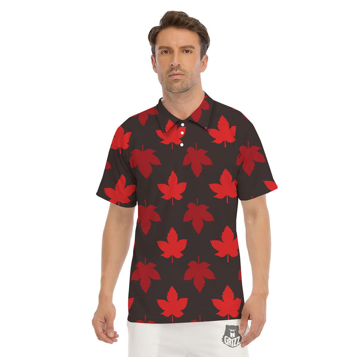 Maple Leaf Red Canadian Print Pattern Men's Golf Shirts-grizzshop
