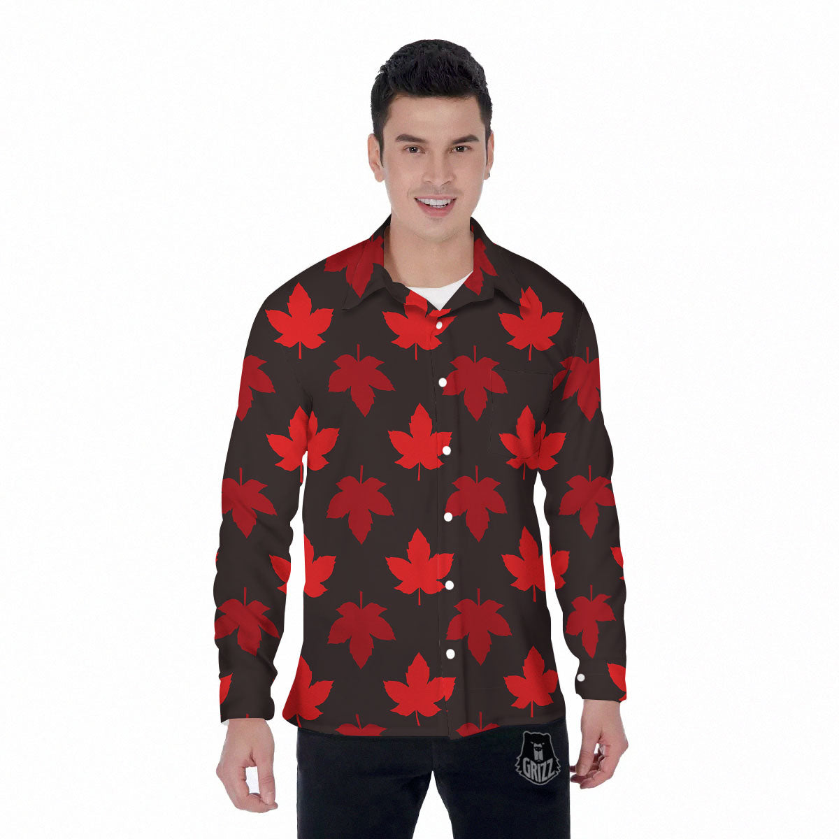 Maple Leaf Red Canadian Print Pattern Men's Long Sleeve Shirts-grizzshop