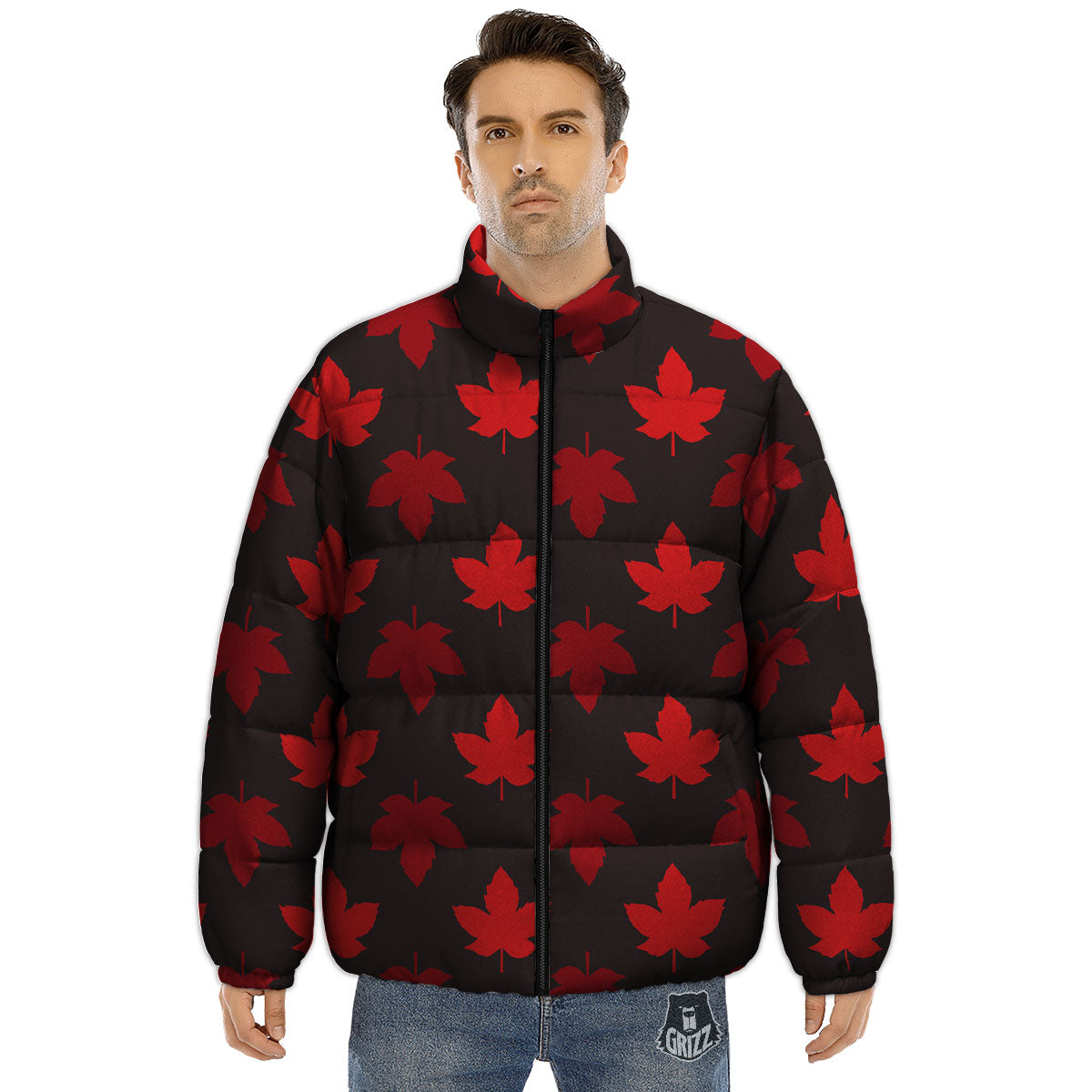 Maple Leaf Red Canadian Print Pattern Puffer Jacket-grizzshop