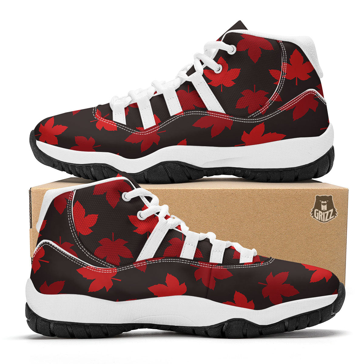 Maple Leaf Red Canadian Print Pattern White Bball Shoes-grizzshop