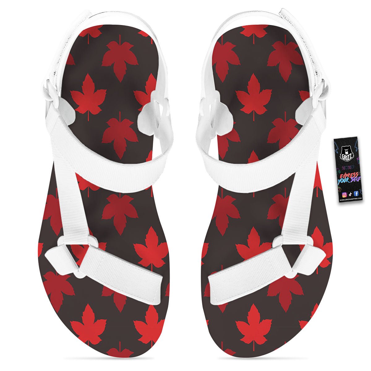 Maple Leaf Red Canadian Print Pattern White Open Toe Sandals-grizzshop