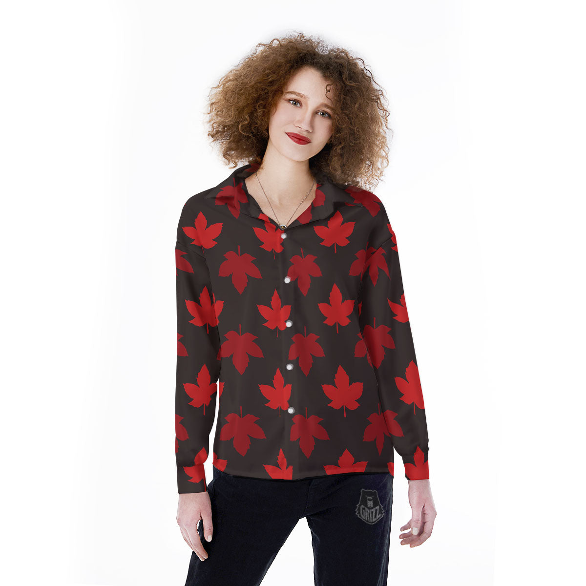 Maple Leaf Red Canadian Print Pattern Women's Long Sleeve Shirts-grizzshop