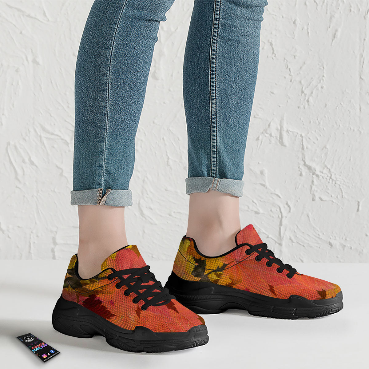 Maple Leaves Autumn Print Black Chunky Shoes-grizzshop