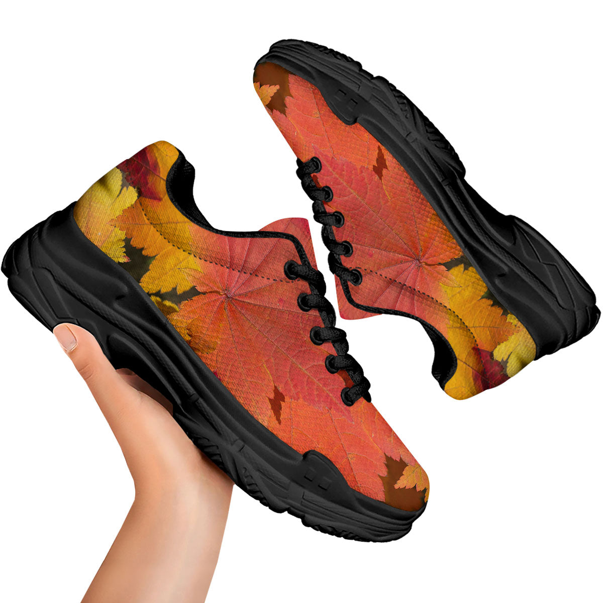 Maple Leaves Autumn Print Black Chunky Shoes-grizzshop