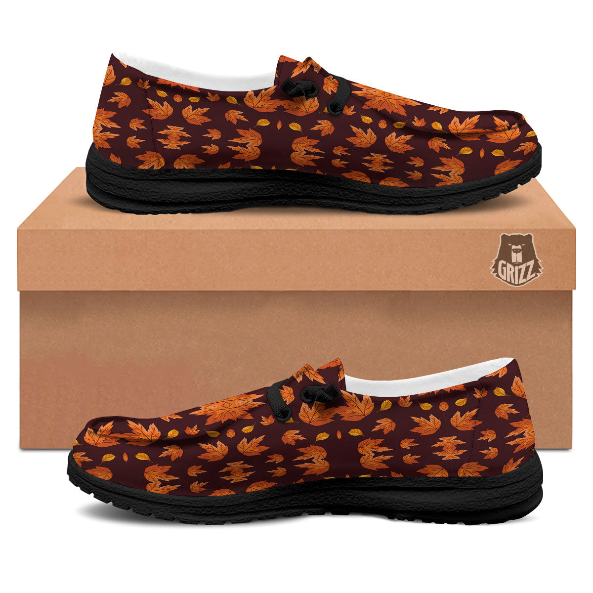 Maple Leaves Orange Print Pattern Black Loafers-grizzshop