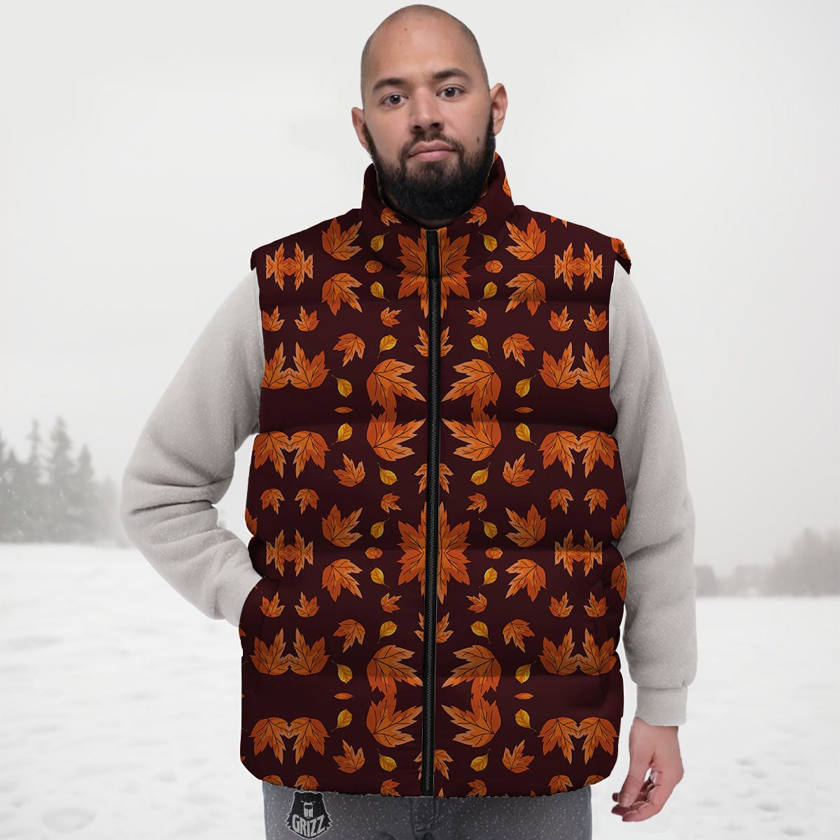 Maple Leaves Orange Print Pattern Down Vest-grizzshop