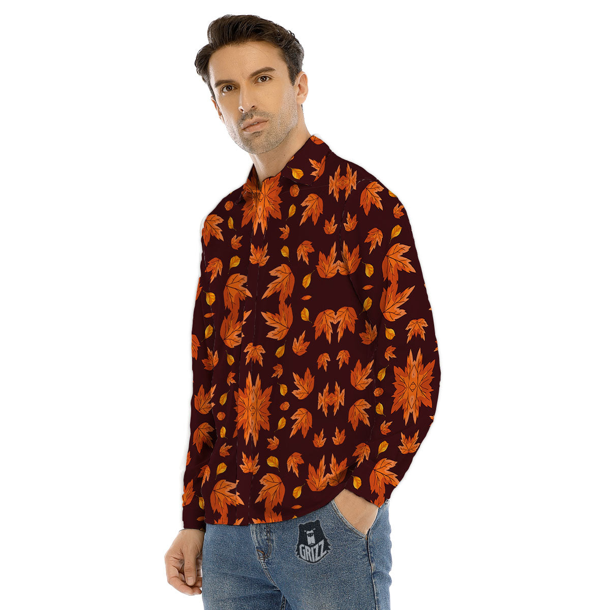 Maple Leaves Orange Print Pattern Men's Dress Shirts-grizzshop