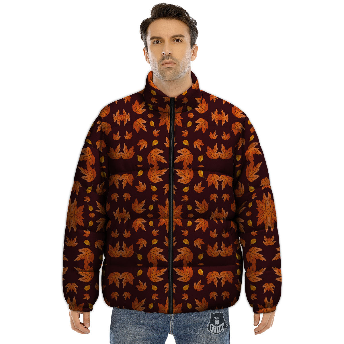 Maple Leaves Orange Print Pattern Puffer Jacket-grizzshop