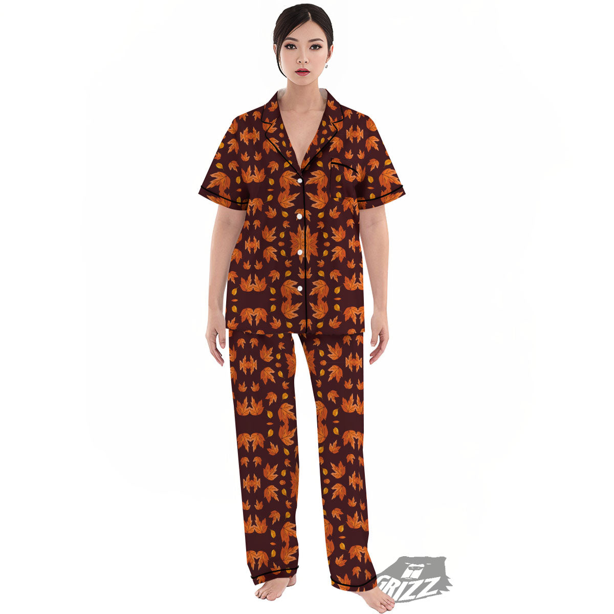 Maple Leaves Orange Print Pattern Women's Pajamas Set-grizzshop