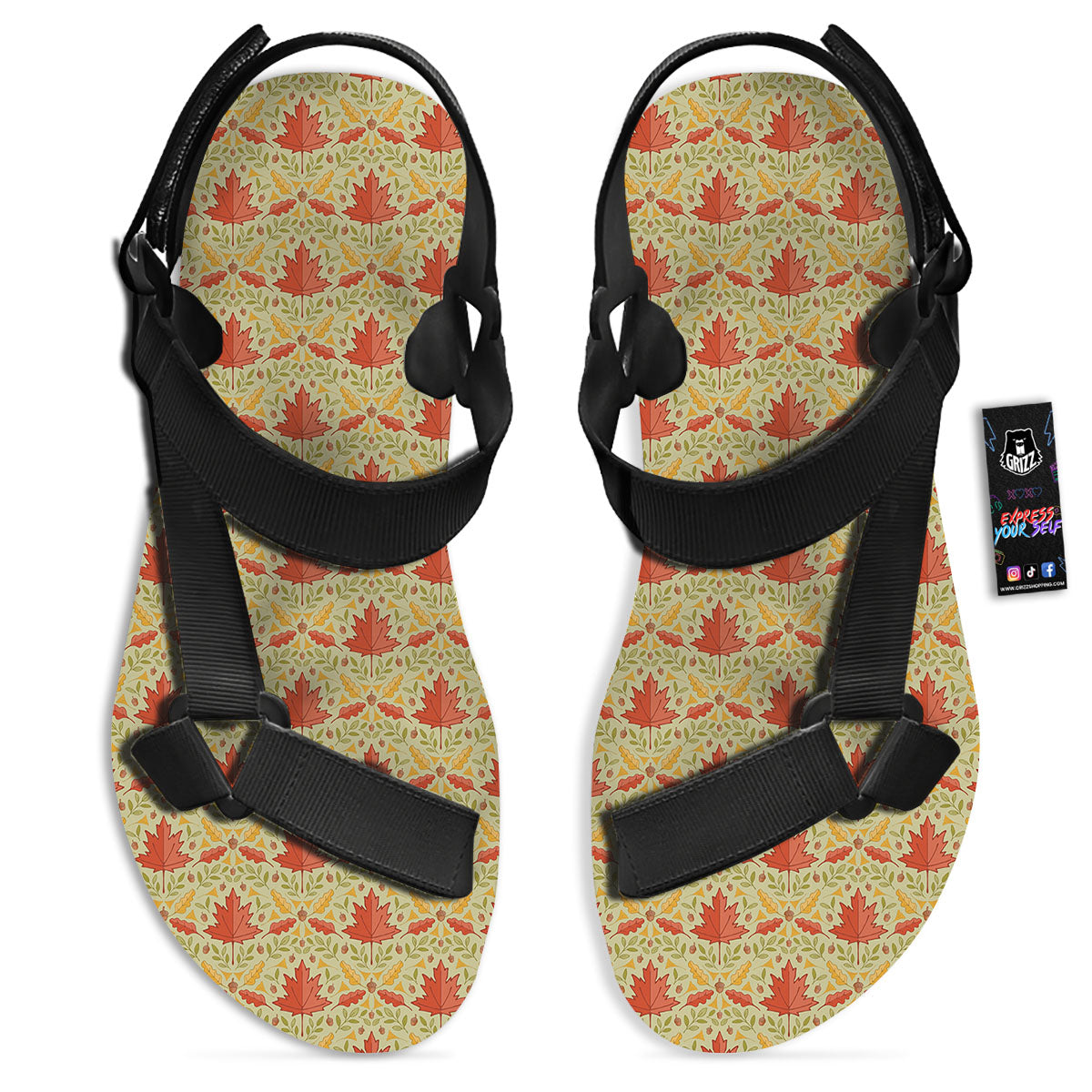 Maple Leaves Print Pattern Black Open Toe Sandals-grizzshop