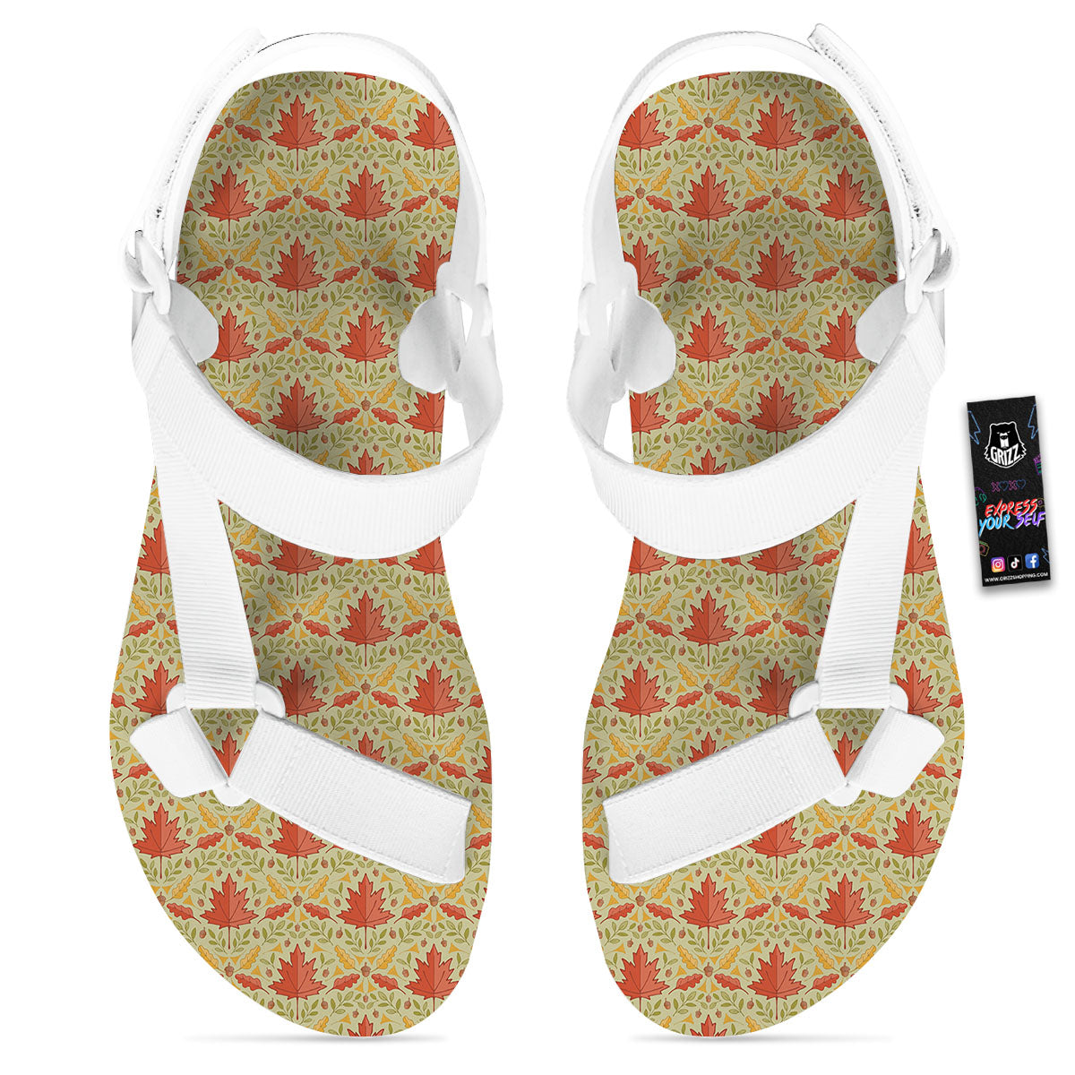 Maple Leaves Print Pattern White Open Toe Sandals-grizzshop