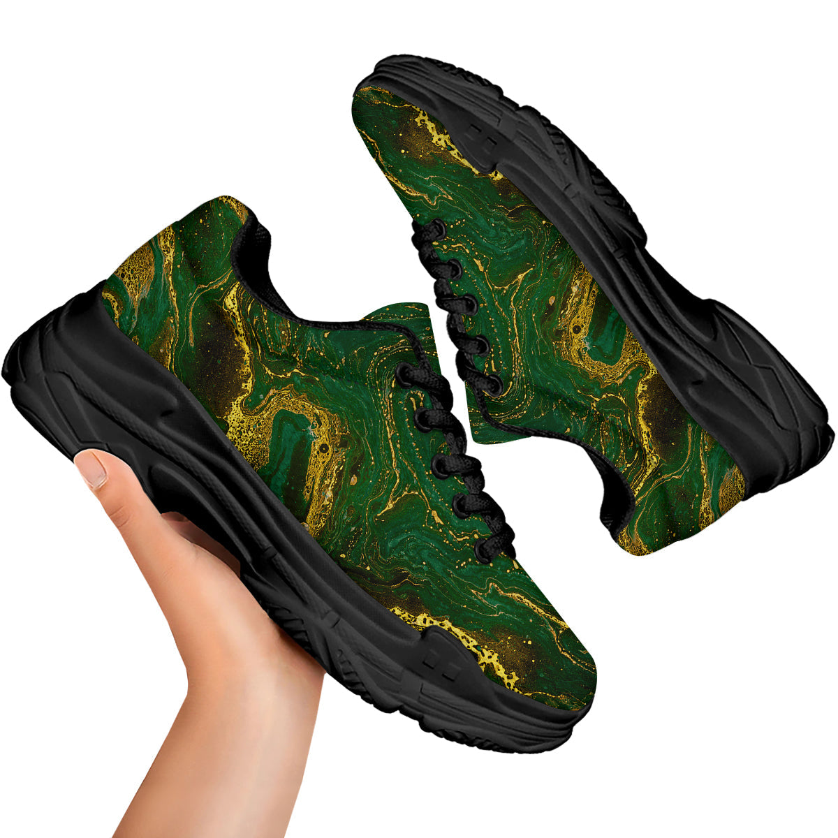Marble Abstract texture Gold And Dark Green Print Black Chunky Shoes-grizzshop