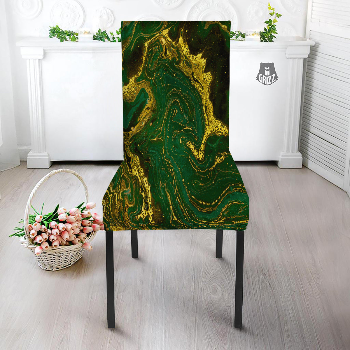 Marble Abstract texture Gold And Dark Green Print Dining Chair Slipcover-grizzshop