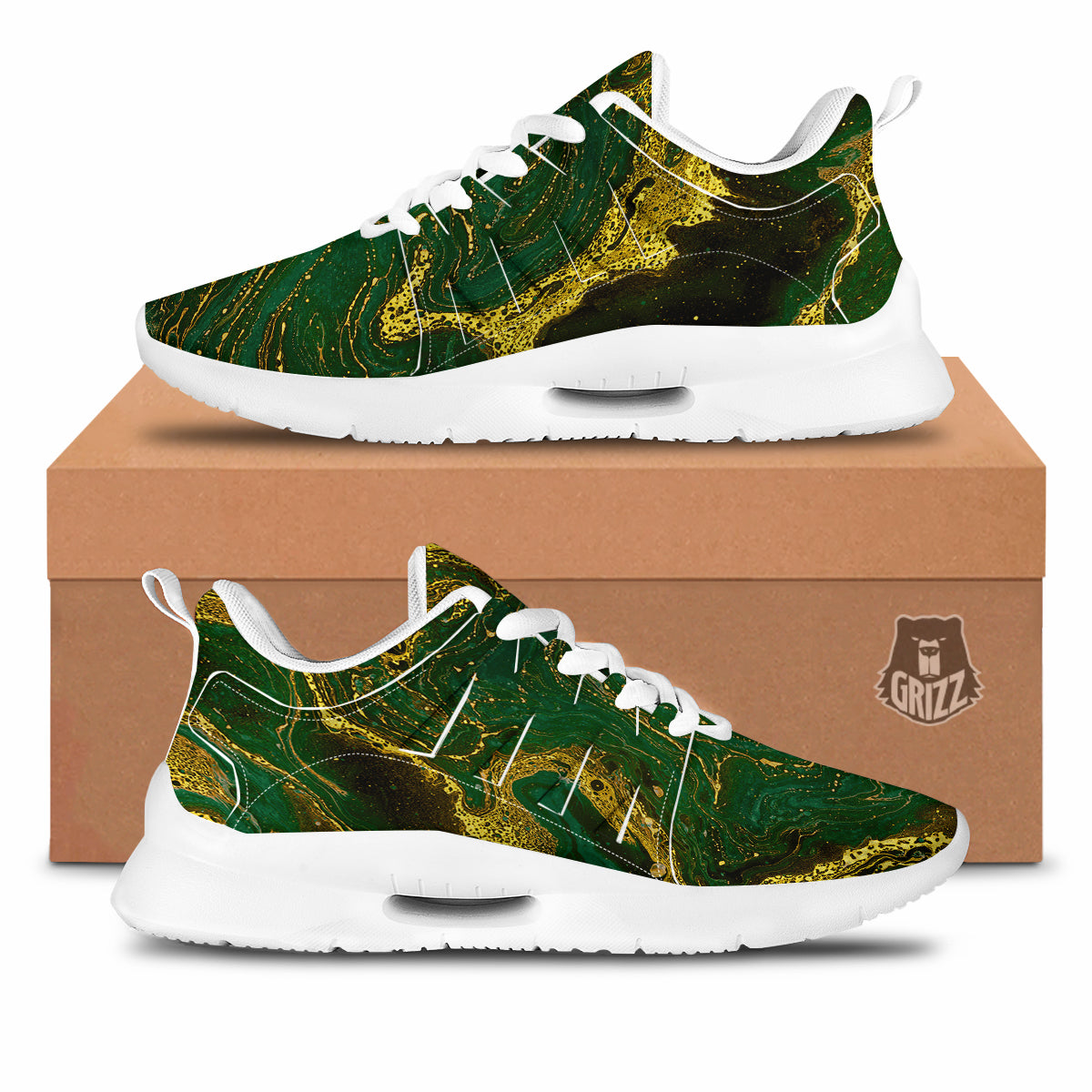 Marble Abstract texture Gold And Dark Green Print Tennis Shoes-grizzshop
