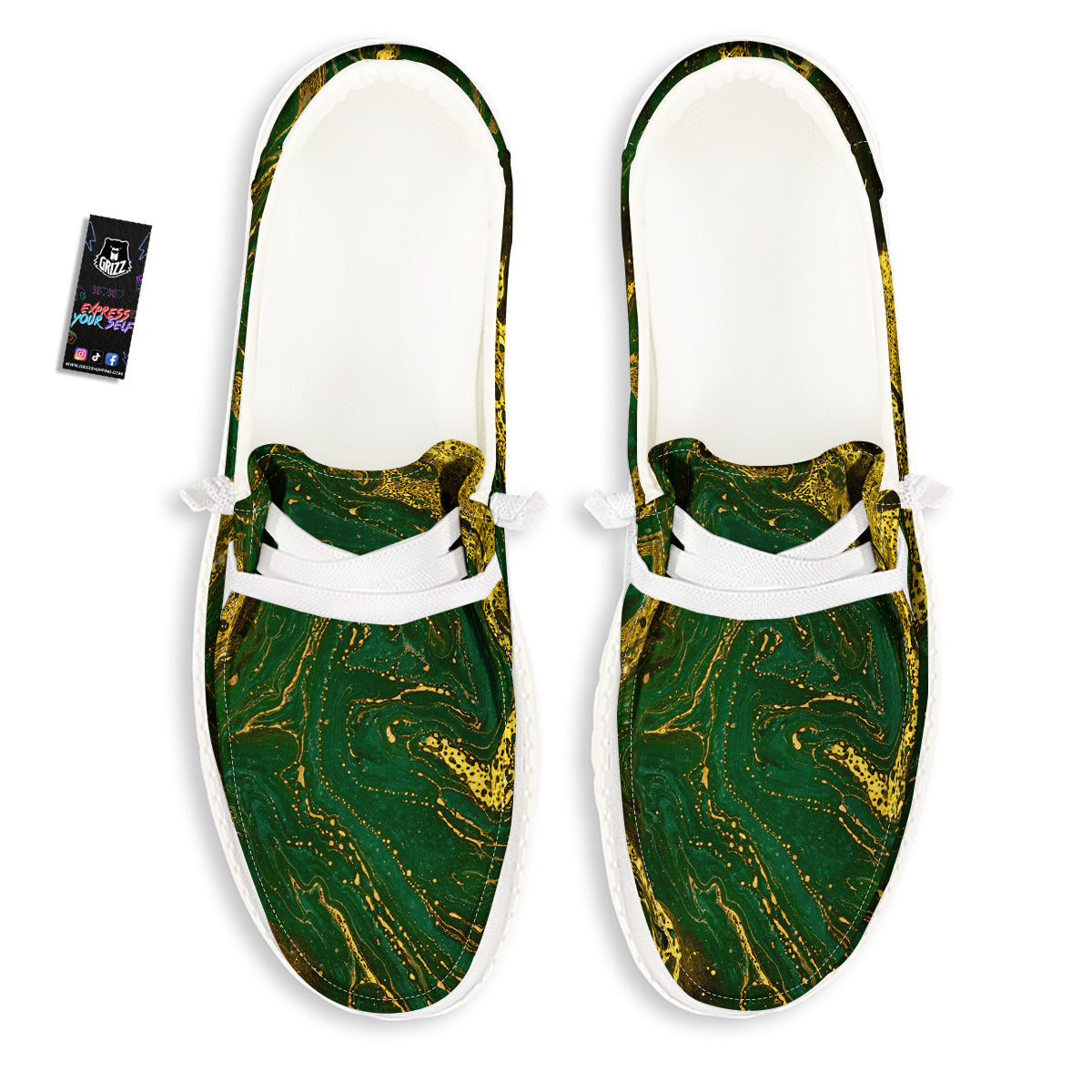 Marble Abstract texture Gold And Dark Green Print White Loafers-grizzshop