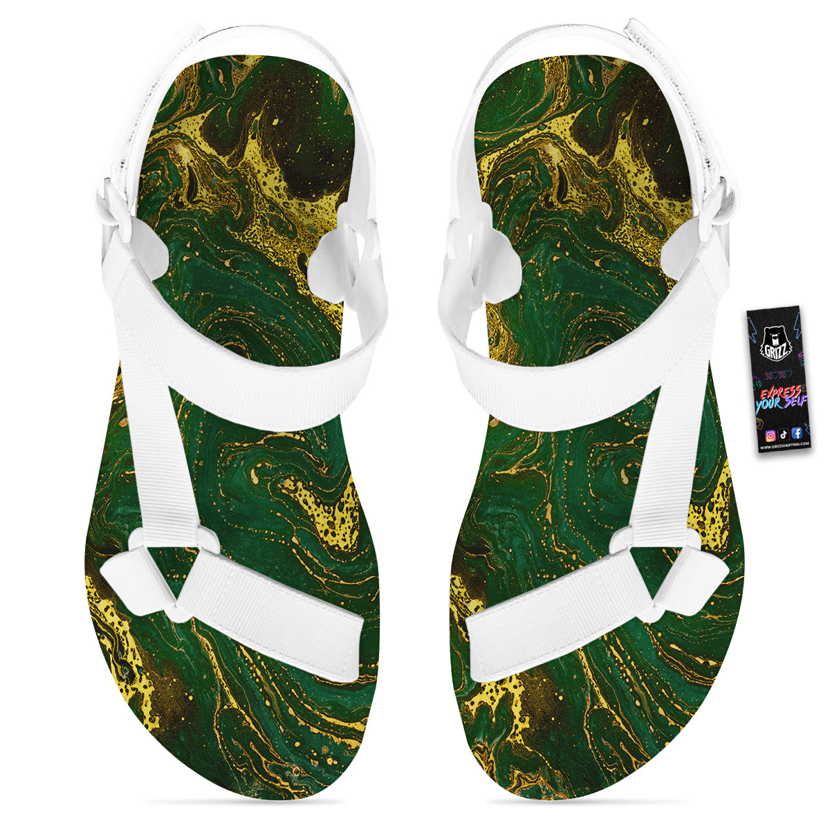 Marble Abstract texture Gold And Dark Green Print White Open Toe Sandals-grizzshop