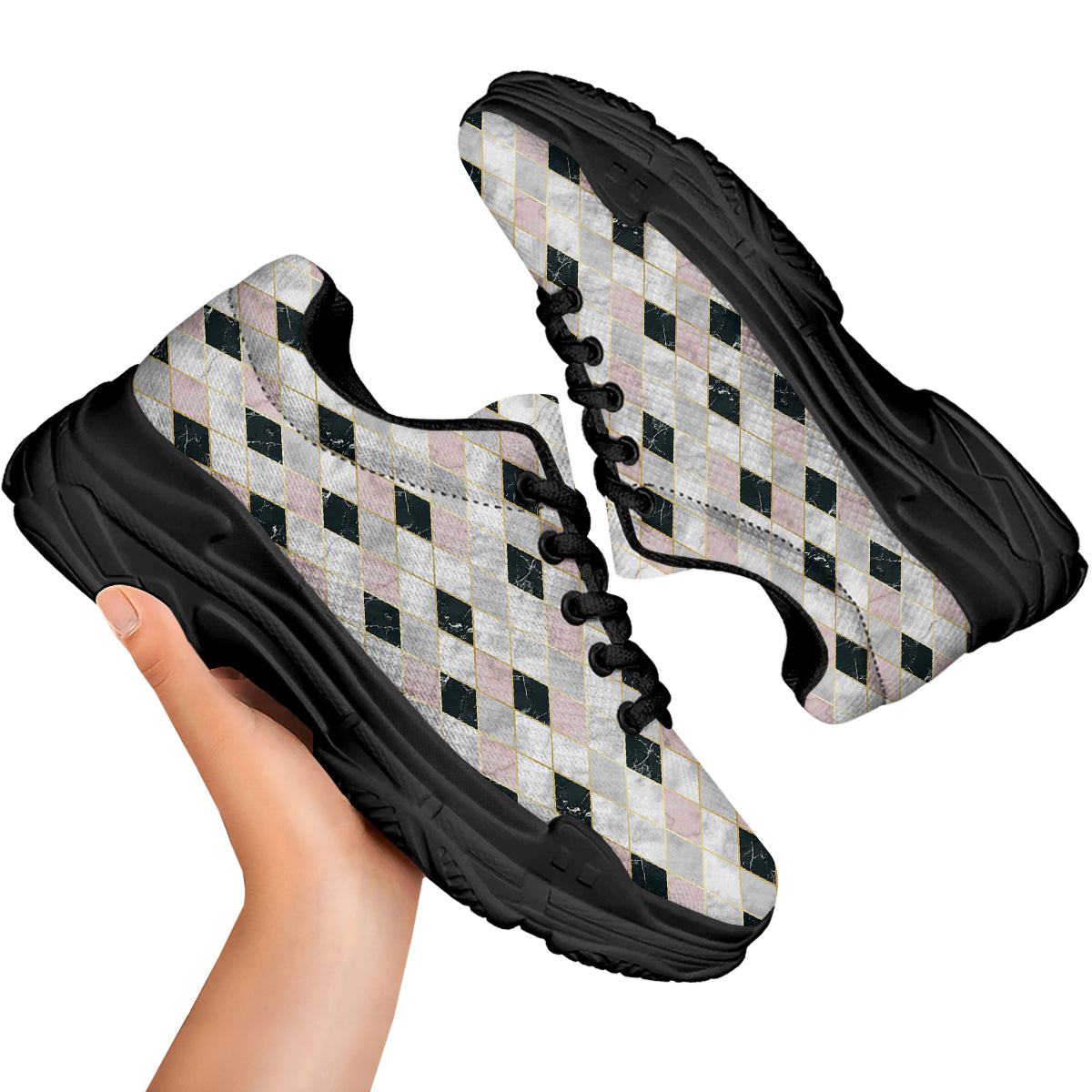 Marble Argyle White Pink And Black Print Black Chunky Shoes-grizzshop