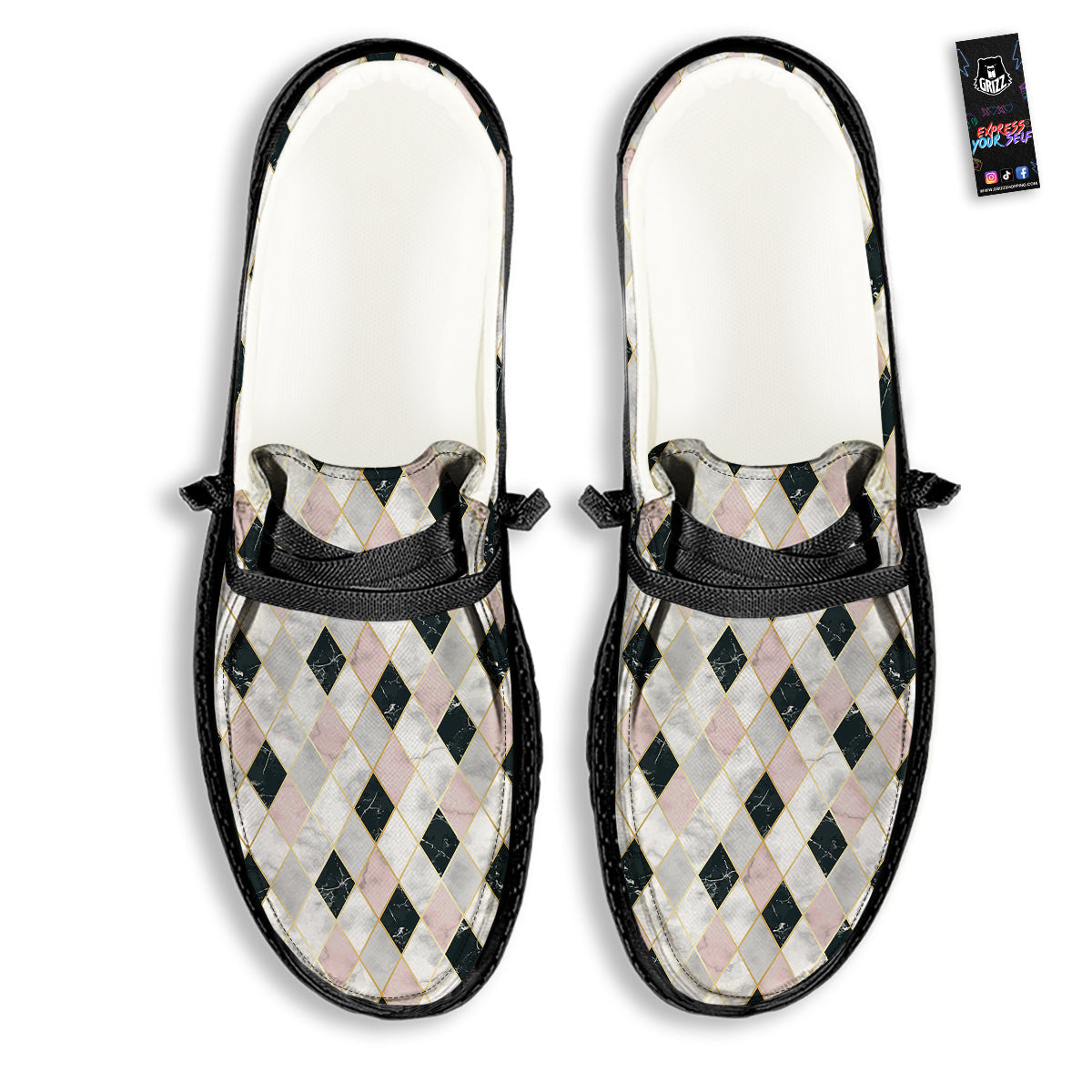 Marble Argyle White Pink And Black Print Black Loafers-grizzshop