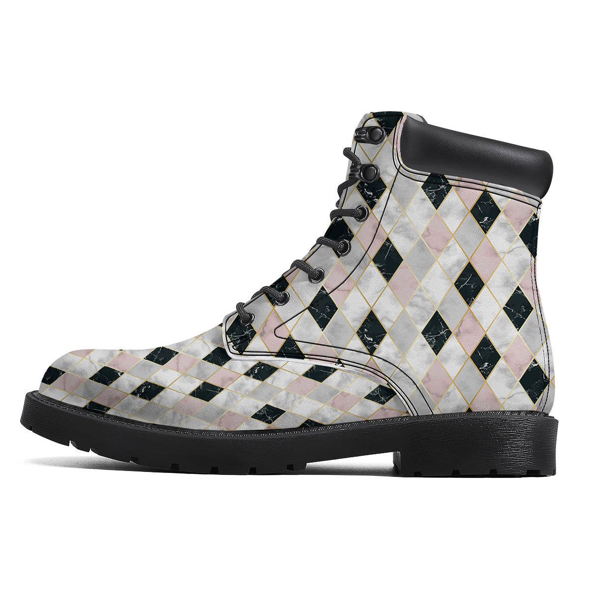 Marble Argyle White Pink And Black Print Boots-grizzshop