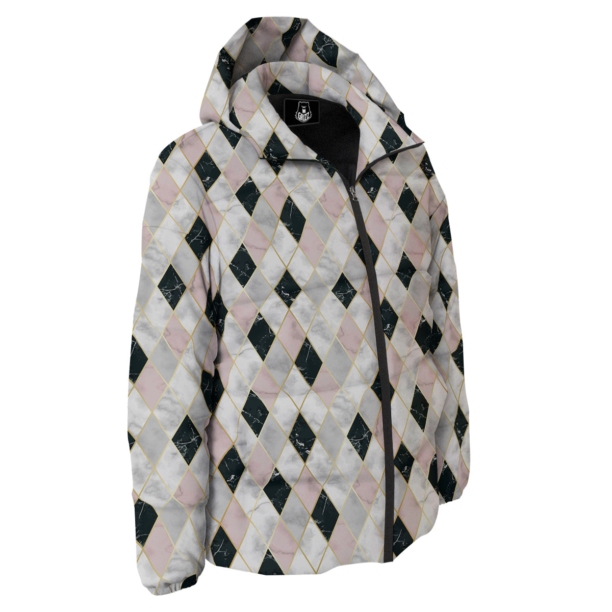 Marble Argyle White Pink And Black Print Down Jacket-grizzshop