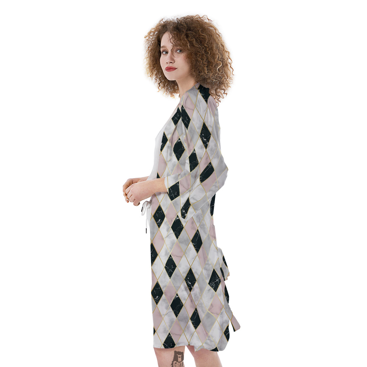 Marble Argyle White Pink And Black Print Kimono-grizzshop