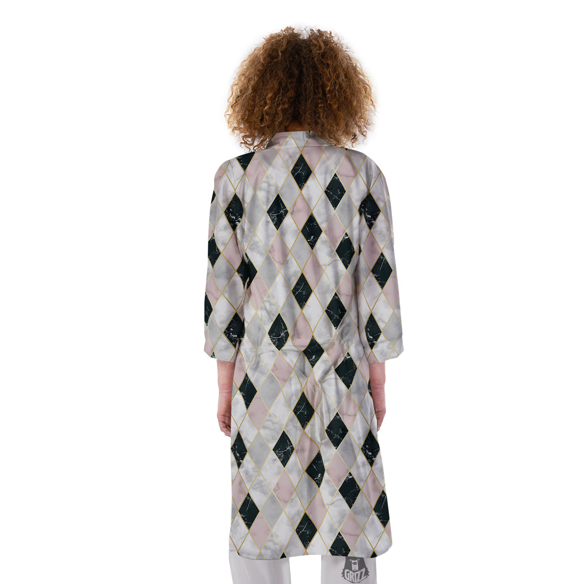 Marble Argyle White Pink And Black Print Kimono-grizzshop