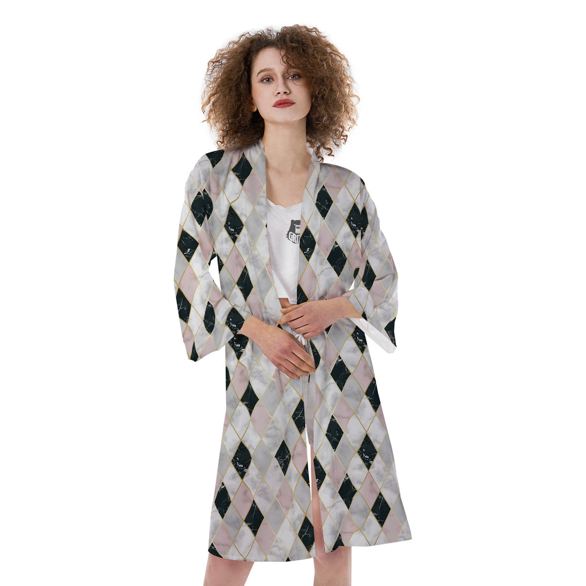 Marble Argyle White Pink And Black Print Kimono-grizzshop